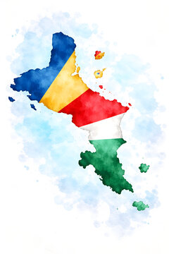 Watercolor map illustration of Seychelles with diagonal flag colors, soft textures and ocean splashes, artistic travel concept, minimal background, high detail, modern design.
