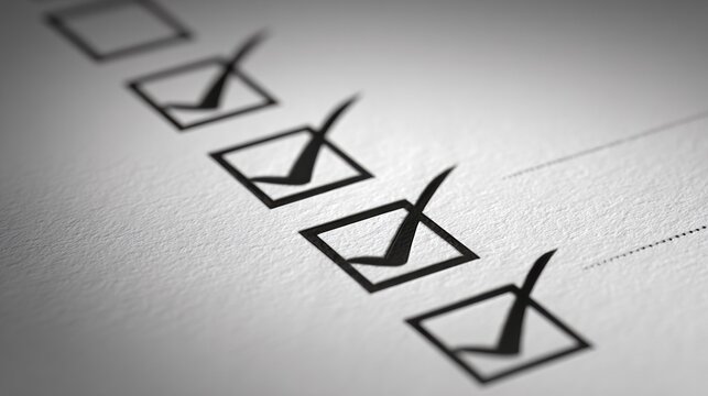 Compliance Checklist With Tick Marks Arranged Neatly on a Plain Background, Captured With a 35mm Lens at F3.5 for Sharp Focus