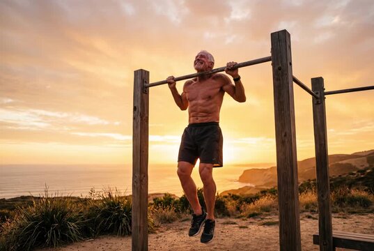 Athletic senior man doing pull-ups on bar at sunset