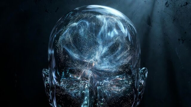 Transparent Human Head with Digital Brain Representing Mental Overload and Stres