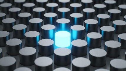 Fototapeta premium Illuminated Cylinder Standing Out Among Metal Cylinders Representing Leadership