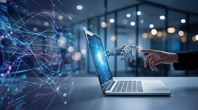 Close-up of a human finger and a robotic finger touching on a laptop screen with flowing digital data lines, concept for artificial intelligence collaboration, machine learning, and future technology.