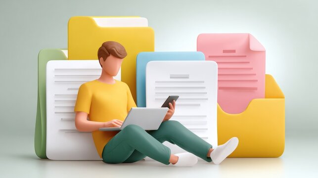 Man managing digital documents and data on laptop