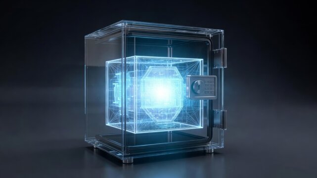 3D Transparent Safe with Digital Lock and Glowing Security Core