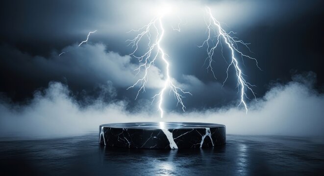 Lightning strikes two black boxes on a dark stormy night with clouds
