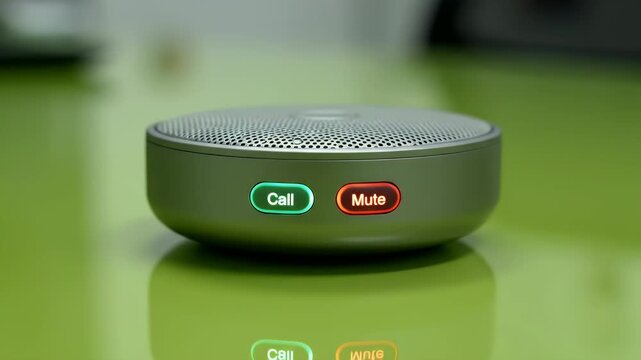 Close-up of a sleek, silver device with glowing call and mute buttons on green surface