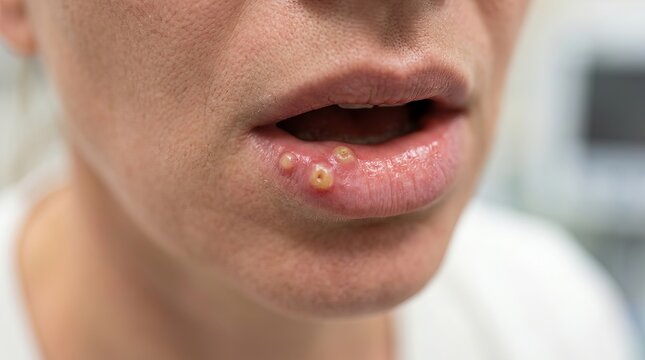 Close up of a person's mouth with visible blisters, likely a skin condition.