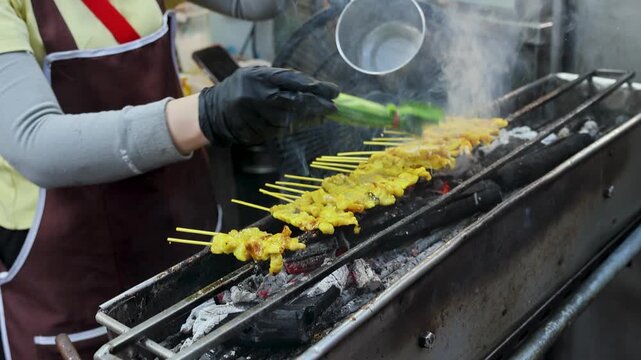 Street Food Grilled Chicken Satay Skewers Cooking Charcoal Grill Bangkok