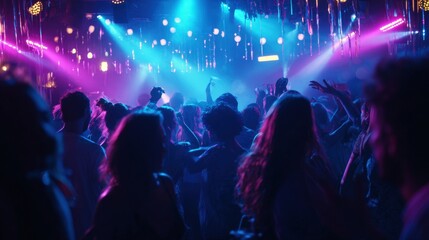 Naklejka premium Energetic Crowd of Silhouetted People Dancing in a Vibrant Nightclub with Neon Pink and Blue Spotlights, Atmospheric Party Scene at a Music Festival or Disco Club with Hazy Lighting and Decorations