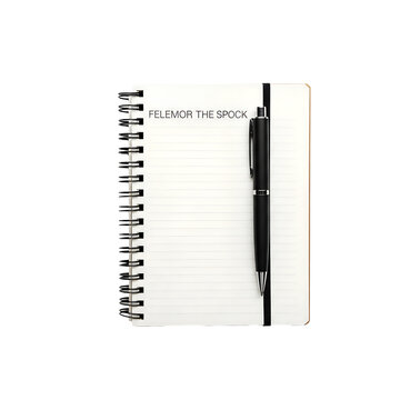 Open spiral notebook with a black pen, featuring 'FELEMORY THE SPOCK' text, isolated on a transparent background.