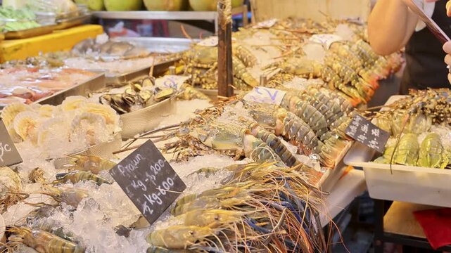 Street Food Fresh Seafood Display with Prawns Lobster and Shellfish Bangkok
