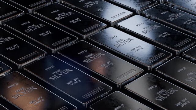 Fine silver bars arranged in pattern with glossy reflections. Perfect for commodity trading and financial market visuals. Seamless loop animation, part of series.