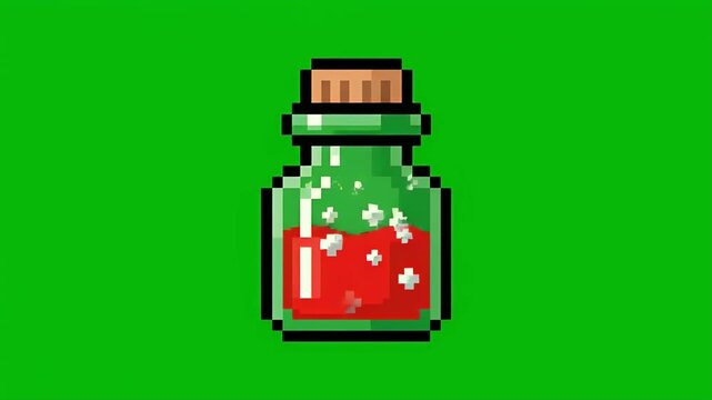 Retro 8-bit pixel art animation of small green health potion bottle with bubbles