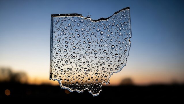 Water Droplets Adorning the Glassy Ohio State Shape Against the Evening Sky