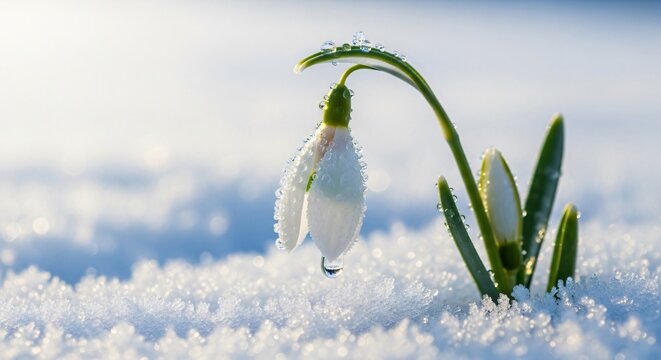 Snowdrop flower with water droplets emerges from frosty snow, symbolizing early spring resilience and renewal in cold winter conditions.