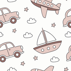 Obraz premium seamless pattern, cute cars, trucks, planes, boats, flat vector, pastel colors, cartoon style, white background, children fabric, notebook covers