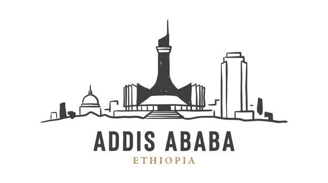 Minimalist Illustration of Addis Ababa Skyline Featuring prominent landmarks of Ethiopia's capital city
