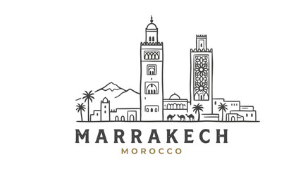 Fototapeta premium Stylized Line Drawing of Marrakech Morocco Cityscape Featuring Notable Architectural Landmarks and Desert Landscape