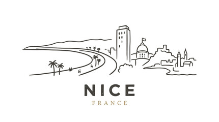 Obraz premium Minimalist illustration capturing the diverse scenic attractions and urban landscape of Nice France with coastal views and