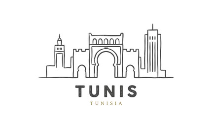 Obraz premium Minimalist line drawing of iconic Tunisian architecture featuring cityscape elements under the label TUNIS towards the bottom