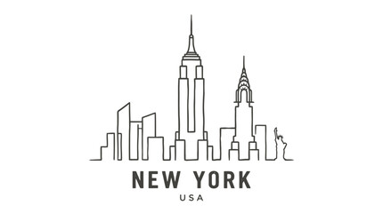 Fototapeta premium Minimalist black and white line drawing of New York City skyline featuring iconic skyscrapers including the Empire State