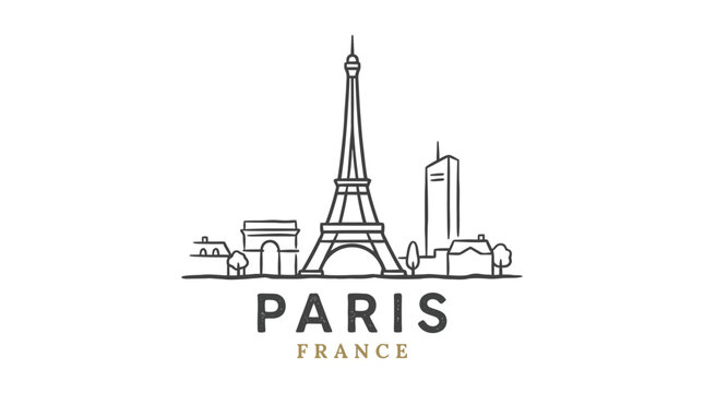 Minimalist Line Drawing of the Paris Skyline with Espace Eiffel Tower and Urban Elements in Elegant Black and Gold Tones for