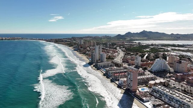 Aerial view La Manga del Mar Menor beach coastline Spain