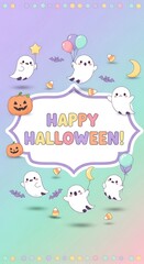 Fototapeta premium Adorable Happy Halloween Ghosts and Pumpkins with Balloons and Candy Corn
