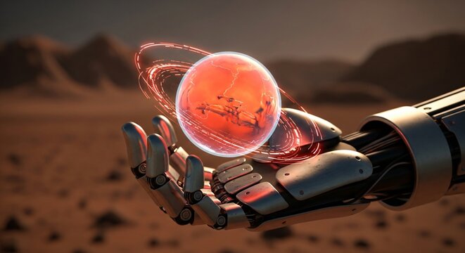 Robotic hand holds glowing Earth with red lightning and orbital rings in desert wasteland