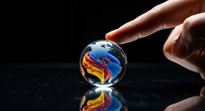 Fingertip gently touches transparent glass globe featuring swirling colorful energy ribbons representing vibrant global connectivity and planetary harmony.