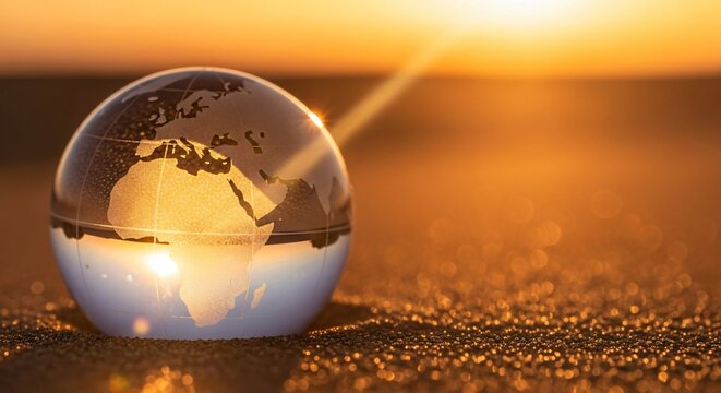 Crystal glass globe representing Earth rests on sand during golden sunset, symbolizing global awareness and sustainable planet conservation
