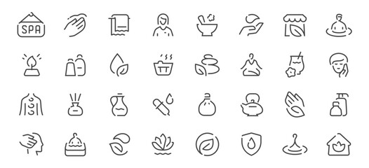 Spa and wellness line icons set. Beauty and relaxation outline vector symbols collection