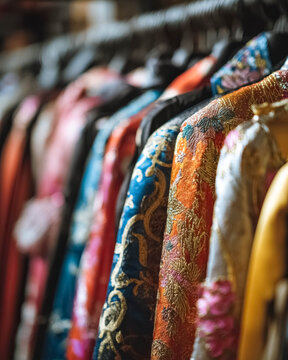 Colorful stage costumes on rack, theatrical wardrobe backstage concept