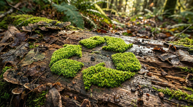 Rustic Moss Covered Recycle Symbol Forest Floor. Macro detail of recycling arrows formed naturally from bright green moss on decaying log in forest setting