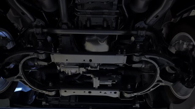 Bottom view of new car at service station showing suspension and chassis, 
