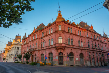 Fototapeta premium Sunrise view of historical houses in Szeged, Hungary
