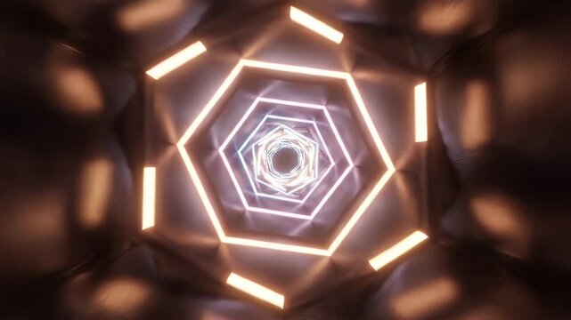 A perspective view down a glowing, octagonal tunnel of neon lights