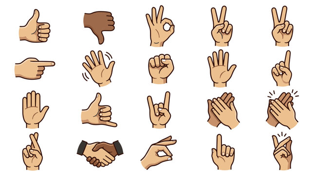 Illustration showing various hand gestures including thumbs up, thumbs down, peace sign, handshake, and pointing.