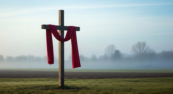 Wooden cross draped with red cloth

