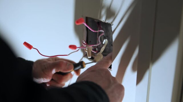 Close up view of hands working with electrical wires and outlet box during home repair installation.