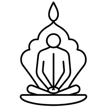 Simple black line icon of a person practicing yoga in a lotus position with spiritual aura.