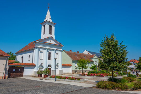 White church at Kosuth ter square in Sarvar, Hungary