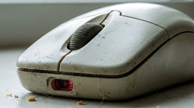 Dirty old computer mouse with red light on transparent background