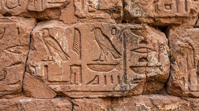Macro Detail of Ancient Carved Stone Inscription. Extreme close-up of weathered hieroglyphic carvings on rustic sandstone surface showing authentic texture and erosion patterns