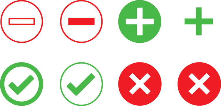 A collection of colorful flat icons featuring check marks, plus signs, and minus symbols for design Vector