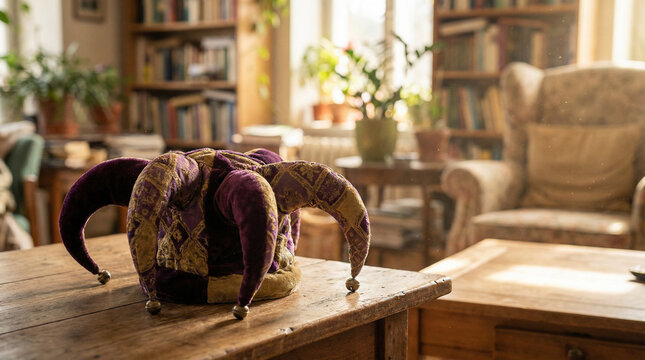 Colorful Jester Hat with Bells on Wooden Table Close-Up. Warm sunlight illuminates a vibrant purple and gold jester hat with jingling bells, soft bokeh background, cozy indoor setting