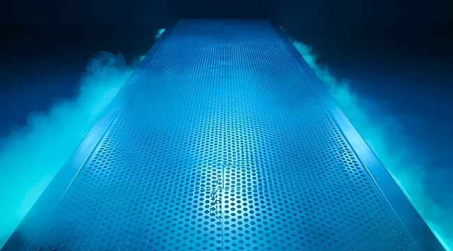 High-tech perforated server rack cooling, vibrant blue vapor rising in dark data center, digital concept.