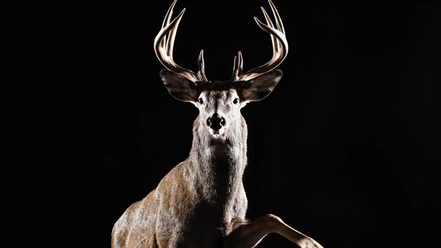 A majestic deer with large antlers, isolated against a stark black background