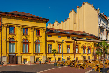 Obraz premium Sunrise view of historical houses in Szeged, Hungary