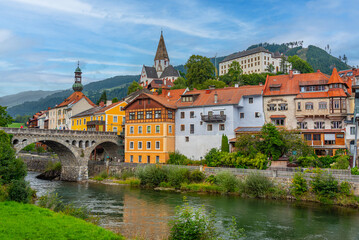 Fototapeta premium Riverside of Mura at Murau in Austria